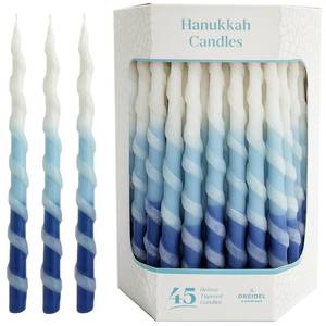 lot 6482 image: The Dreidel Company Deluxe Twisted Spiral 45 Blue & White Ombre Hanukkah Menorah Candles for All 8 Nights of Chanukah Burn Time 1-Hour