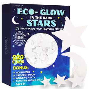 lot 6485 image: Glow in the Dark Ceiling Stars for Kids Room �� 220pcs Glow Stars for Ceiling Made from Recycled Materials with Moon, North Star & Constellation E-Book  LUMOSX