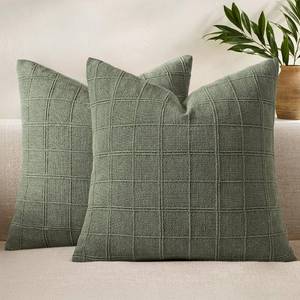 lot 6496 image: Woaboy Linen Check Throw Pillow Covers Set of 2 - Light Olive Green Farmhouse Modern Boho Vintage Decorative Cushion Covers Spring Home Decorfor Sofa Couch Bedroom Living Room 20x20 Inch