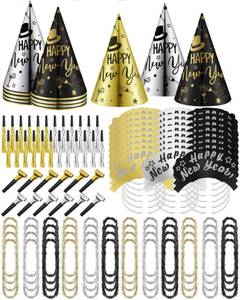 lot 7429 image: Wettarn 144 Pcs New Years Eve Party Supplies Happy New Year Cone Hats Black Silver and Gold Tiaras Squawkers Leis for 48 Guests Newyear Celebration Gift Party Favors Accessories