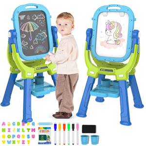 lot 7434 image: PUPPSITTY Easel for Kids, Adjustable Standing Rotatable Double Sided Toddlers Art Easel with Painting Accessories, Drawing Board Gift for Boys and Girls, BlueGreen
