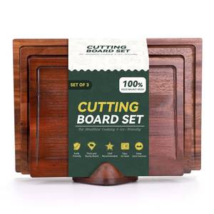 lot 7437 image: 3-Piece Solid Walnut Wood Cutting Boards with Anti-Slip Holder, Chopping Block with Juice Deep Groove & Invisible Handles for Kitchen Meats Vegetables, 100% Natural Walnut, Perfect Housewarming Gift