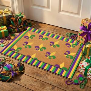 lot 7904 image: Duraaamo 2 Pcs Mardi Gras Door Mat Outdoor Welcome Mats for Front Door Non Slip Carnival Coir Floor Doormat Purple Green Gold Stripe Rug for Outside Porch Entryway Decor