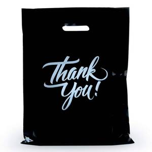lot 8233 image: Infinite Pack Black, 16x18 (100pcs) Thank You Merchandise Bags - Die Cut Handles, Reusable Plastic Gift Bags for Boutique, Goodie and Favors