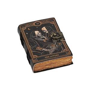 lot 8244 image: cuero Book of Spells Leather Journal Deckle Edge Paper Grimoire Printed Journal The Lovers Tarot Notebook Spiral Gothic Notebook Skull lover Antique Vintage Leather Journals for Men and Women