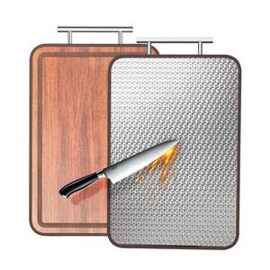 lot 8270 image: Stainless Steel Cutting Board Wood Double Sided Chopping Cutting Boards for Kitchen - 2 in 1 Ebony Metal with Handle Scratch Resistant Raw Meat Vegetable Fruit Cooking Gift 16.3�10.4�1(Upgraded)
