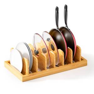 lot 8303 image: Bamboo Pot Lid Organizer Pot Lid Holder, Pot and Pan Organizer Drawer Organizer for Pot Lids, Pans, Cutting Boards & Baking Sheets, Dinner Plates, Reusable Containers in Cabinet Storage
