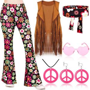 lot 8420 image: Jenaai 7 Pcs Kids 60s 70s Hippie Outfits for Girls Costume Set Boho Flared Pants Hippie Outfits Accessories Set (Bright,Large)
