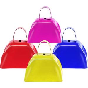 lot 8447 image: Cow Bells Noise Makers for Sporting Events, 4PCS Metal Cowbells with Handle - Small Loud Bell Bulk Hand Percussion Noisemakers for Football Games Graduation Sporting Events Weddings