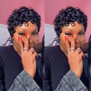 lot 8451 image: VRZ Short Pixie wigs for Black Women Pixie Cut Curly Human Hair Wig for Black Women Glueless Short Layered Pixie Cut Wigs With Bangs Natural Black Color for Daily Use