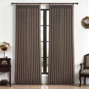 lot 11716 image: Dark Brown 108 Inch Extra Long Floor to Length Curtains 2 Panels for Sliding Glass Doors, Memory Trained Pinch Pleated Blackout Dual Layer Flax Linen Thermal Noise Cancelling Luxury Curtain & Drapes