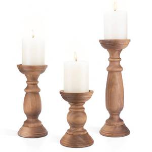 lot 11718 image: Rustic Wooden Pillar Candle Holders Set of 3, 12 9 6 Farmhouse Wood Candle Stand for Table Centerpieces, Vintage Tall Candleholders Fireplace Mantel Decor for Living Room, Brown