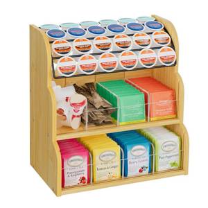 lot 12309 image: LASZOLA Bamboo Tea Bag and Coffee Holder Organizer for Cabinet Counter Office, 3 Tier Large Capacity Vertical K Cup and Tea Packet Storage Rack, Sturdy Display Stand, Easy Assemble