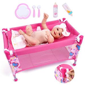 lot 12310 image: BABESIDE 7PCS Baby Doll Crib for 18 Dolls, Baby Doll Bed with Storage Bag and Feeding Care Accessories Set , Toy Crib Doll Furniture for Girls Age 3,Pack n Play Toy Gift for Kids