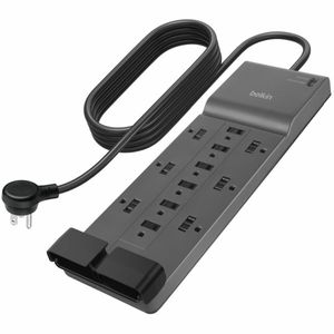 lot 12326 image: 12 Outlet Belkin 12-Outlet Surge Protector Power Strip w 12 AC Outlets & 8ft Flat Plug  UL-listed Heavy-Duty Extension Cord for Home  Office  Computer  Laptop  Charger - 3 940 Joules 8ft Cord