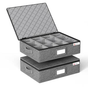 lot 13196 image: YearningHome Cup and Mug Storage Box with Hard Shell and Dividers for Coffee Mugs,Tea Cups and Glasses,Stackable Storage Organizers with Lid,Handles,Zips and Lable for Moving,Holds 12,2 Pack, Grey