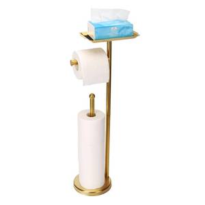lot 13209 image: Exilon Toilet Paper Holder Stand for Bathroom Floor Freestanding Toilet Roll Dispenser Storages 4 Reserve Rolls, with Top Storage Shelf for Cell Phone (Brushed Gold)