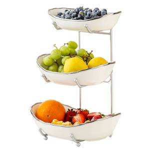 lot 13210 image: HOMKULA Ceramic Fruit Bowl for Kitchen Counter - 3 Tier Fruit Basket with Metal Stand, Tiered Fruit Stand for Countertop, Snack, Nuts, Cake, Dessert, Cute (Silver-rimmed, Small)