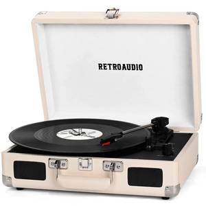 lot 13229 image: Vinyl Record Player Bluetooth Vintage Portable Suitcase Turntable with Built-in Speakers 3-Speed Belt-Driven Record Player Support RCA Output and Headphone Output (Warm White)