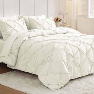 lot 13235 image: JOLLYVOGUE Queen Comforter Set 7 Pieces - Bed in a Bag Queen for All Season, Pintuck Bedding Comforter Sets with Comforter, Flat Sheet, Fitted Sheet and Pillowcases & Shams, Ivory