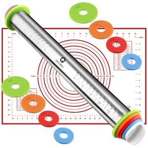 lot 13240 image: Rolling Pin and Pastry Baking Mat Set, Rolling Pins with Adjustable Thickness Rings, Stainless Steel Dough Roller for Baking Fondant, Pizza, Pie, Pastry, Pasta, Cookies (Red Mat)