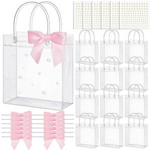 lot 14162 image: Sweetude 12 Set Pink Bow Clear Gift Bag PVC Coquette Princess Party Favors DIY Kit Clear Candy Bags with Handle Twist Tie Bow Sticker for Birthday Wedding Bridal Flower Bachelorette Party Baby Shower