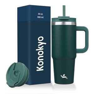 lot 14208 image: Konokyo 30 oz Tumbler with Handle and 2 Straws,2 in 1 Lid Insulated Water Bottle Stainless Steel Travel Coffee Mug,Dark Green