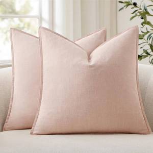 lot 14236 image: ANRODUO Pack of 2 Decorative Linen Pillow Covers Light Pink Euro Sham Neutral Farmhouse Boho Soild Cushion Case Soft Accent Pillowcase for Couch Sofa Bedroom Living Room Spring Home Decor 24 x 24 Inch