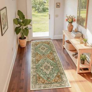 lot 14465 image: RELEANY Area Rugs 2x6 Runner Rug Non Slip Washable for Kitchen Hallway Bedroom Beside Laundry Room Bathroom Rug, Floor Carpet, Brick Red Rust Neutral Brown Burnt Orange Green