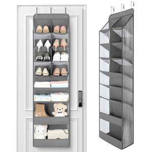 lot 14471 image: Yecaye Over the Door Shoe Organizer Hanging with Large Pockets, 8 Tier Back of Door Storage for Nursery, Closet and Bathroom, Partition Behind Door Organizers Shelf with Baby Clothes (1 Pack, Grey)