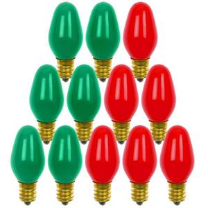 lot 14483 image: 12 Pack C7 Red & Green Light Bulbs - 7W E12 Base Night Lights - Ceramic Incandescent - Candelabra Based - Christmas Bulbs