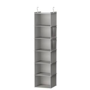 lot 14487 image: YOUDENOVA Hanging Closet Organizer and Storage, 6-Shelf Closet Hanging Shelves  Sturdy Bamboo Structure Cloth Hanging Storage, Sweater Organizer, 11.8�� x 11.8�� x 47.2��, Light Grey