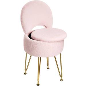 lot 19683 image: GREENSTELL Small Vanity Stool Chair with Storage and Folding Back, 13 x 13 x 17.7 Faux Fur Soft Ottoman for Teenager, 4 Metal Legs with Anti-Slip Feet, Furry Padded Seat for Makeup, Bedroom, Pink