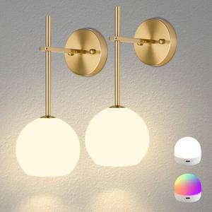 lot 19699 image: Gold Battery Operated Wall Sconces Set of 2, Rechargeable Wireless Wall Lights with Milky White Frosted Glass Shade, 12 RGB and 3CCT Dimmable, Wall Lamps with Remote for Bedroom Living Room Hallway