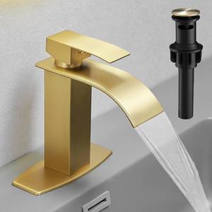 lot 19704 image: Hoimpro Brushed Gold Waterfall Spout Single Hole Bathroom Faucet, Stainless Steel Single Lever Bathroom Vanity Sink Faucet with Drain, cUPC Hose and Deck Plate