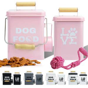 lot 19719 image: NIXBYO Dog Food Storage Container Set of 2 Dog Treat Container with Airtight Lids Dog Treat Jar with Scoop Metal Dog Food Holder with Wooden Handles for Kitchen Counter and Pantry Home Decor - Pink