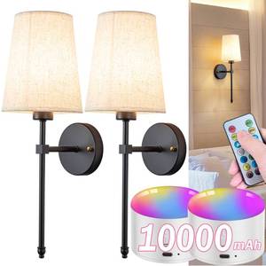 lot 19721 image: Battery Operated Wall Sconce Set Of Two with Remote Control, Indoor Not Hardwired Dimmable Battery Operated Wall Sconce Light Fixture with Fabric Linen Shade For Bedroom Living Room, Bulb Included ( C