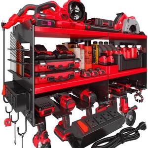 lot 19736 image: Spampur Power Tool Organizer Wall Mount with 4-Outlet Power Strip, Heavy Duty Metal Storage Rack for Garage, Holds 6 Drills & Batteries - Ideal Christmas Gifts for Men, Dad, Husband from Wife