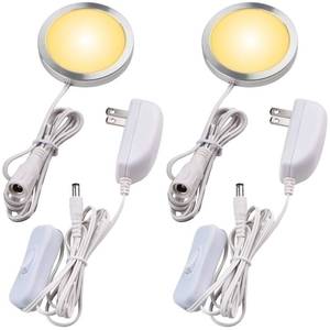 lot 20222 image: Lvyinyin Single LED Kitchen Under Cabinet Puck Light, 120V Direct Wall Plug in Closet Cupboard Night Light, Easy to Mount, Inline On Off Switch, White Wires, 2 Packs, Warm White