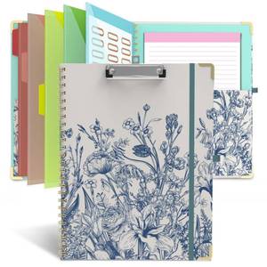 lot 20254 image: Clipboard Folio with Storage 8.5 X 11 Padfolio Notebook, Clipboards with Notepad Spiral with 10 Pockets and 5 Folders Nursing Teacher School Essentials (Blue Florals)