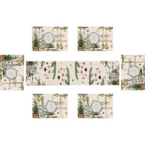 lot 20270 image: Emvency Christmas Table Runner and Placemats Set of 6 Christmas Tree with Decorative Balls and Golden Stars Dining Decor for Daily Use 1 Table Runner 72 inches Long and 6 Placemats