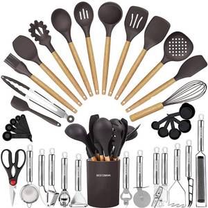 lot 1524 image: Cooking Utensils Set- 35 PCs Kitchen Utensils with Grater,Tongs, Spoon Spatula &Turner Made of Heat Resistant Food Grade Silicone and Wooden Handles Kitchen Gadgets Tools Set for Cookware