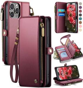 lot 2252 image: Defencase Compatible with iPhone 14 Pro Case Wallet with RFID Blocking Card Holder for Women Men, Soft PU Leather Magnetic Snap Flip Zipper Strap Wallet Phone Case Fit for iPhone 14 Pro 6.1, Wine Red