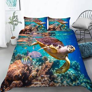 lot 1377 image: AILONEN Sea Turtle Bedding Set, King Size Ocean Turtle Themed Comforter Cover for Teens Boys and Girls (1 Quilt Cover 2 Pillowcases 3 Piece)