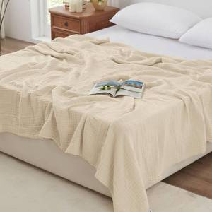 lot 1381 image: Loves cabin 6 Layer 100% Cotton Muslin Blanket, 108x90 Muslin King Size Blanket for Bed Couch, Lightweight and Breathable Cotton Gauze for Adult, Beige