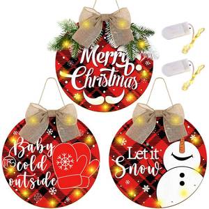 lot 1406 image: Bucherry 3 Pcs Lighted Christmas Sign for Front Door, Buffalo Plaid Xmas Wreath 12 Inch Wooden Wall Hanging Decor for Indoor Outdoor Winter Holiday Rustic Farmhouse Windows(Merry Christmas)