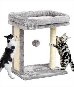 lot 1411 image: SYANDLVY Cat Tree with Scratching Post for Indoor Cats, Scratching Board with Perch, Cat Post Scratcher with 2 Dangling Balls, Great for Kittens, Grey
