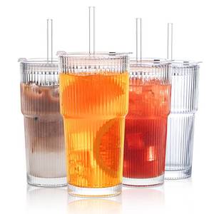 lot 1415 image: INSETLAN 20 oz Ribbed Glass Tumblers with Lids and Glass Straws �� 4-Piece Glassware Set, Thickened Wall, Ideal for Iced Coffee, Smoothies, Cocktails, and Juices �� Elegant and Durable Drinkware