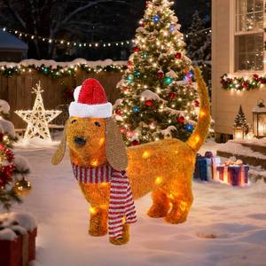 lot 1419 image: Christmas Lighted Dog Outdoor Decoration, 2.3 FT Pre-lit 3D Plush Tinsel Dachshund Wiener Dog Decor with Santa Hat & Scarf, 45 LED Lights Light Up Xmas Eve Displays for Holiday Indoor Lawn Garden Yard