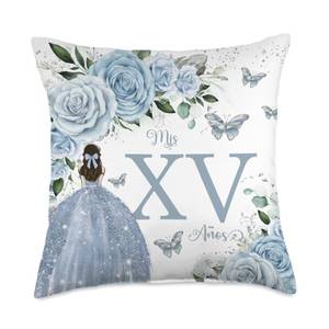 lot 1445 image: Baby Blue Floral Roses Princess Quincea�era Mis XV A�os Throw Pillow